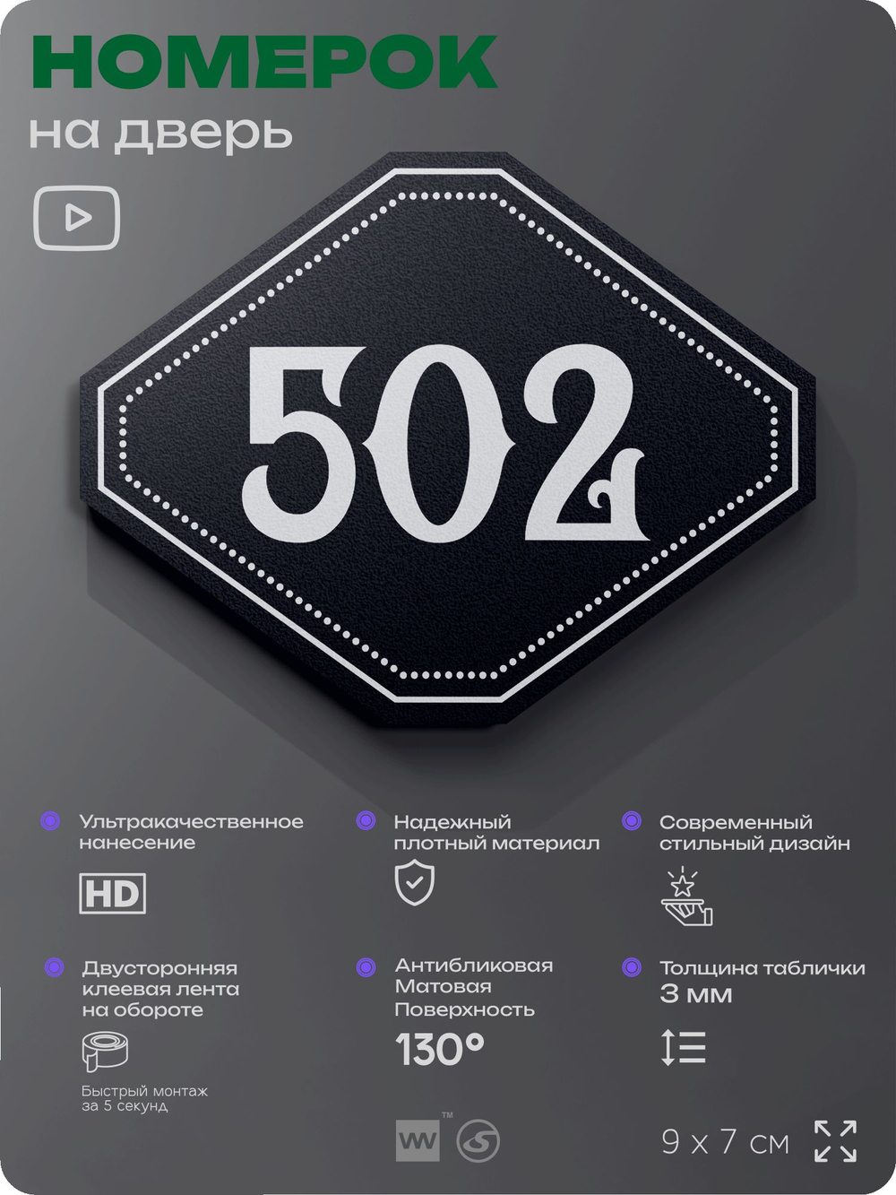 Номерок на дверь квартиры 502, для кабинета, офиса, шильдик 9 х 7 см, черный, Айдентика Технолоджи