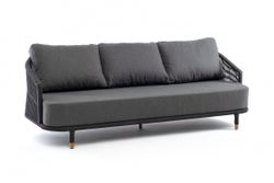 "Верона" диван 3-местный плетеный из роупа, каркас алюминий темно-серый (RAL7024) муар, роуп темно-серый круглый, ткань темно-серая 027