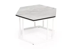 "Женева" интерьерный стол из HPL шестиугольный, D50, H35, цвет "мрамор пепел", каркас из стали белый муар