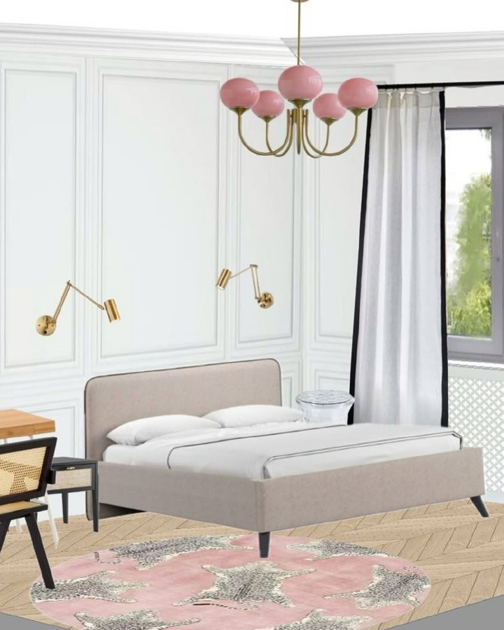 Элегантная люстра с глянцевыми розовыми плафонами и изящным золотым каркасом.