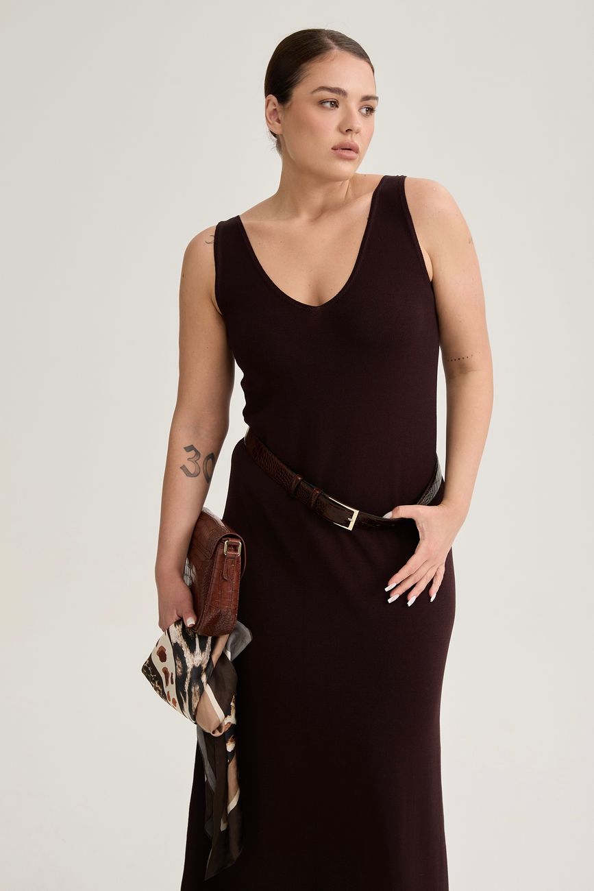 Платье-майка вязаное с круглым вырезом, шоколад