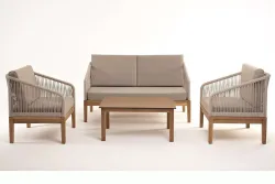 "Канны" лаунж-зона 4-местная из роупа со столиком "Канны" цвета "дуб", основание дуб, роуп бежевый