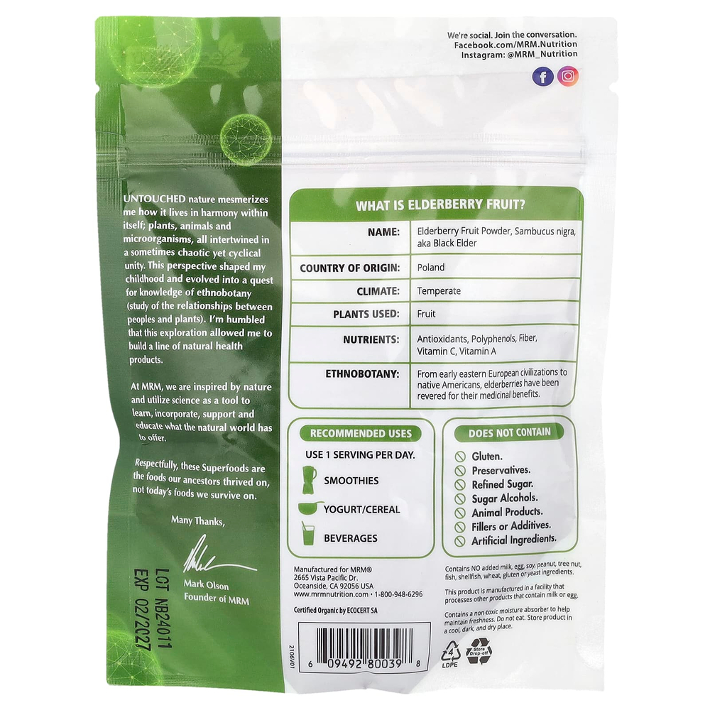 MRM Nutrition, плоды органической бузины в порошке, 113 г (4 унции)