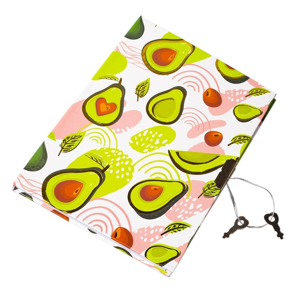Записная книжка в футляре 21,0 см * 21,0 см , 7БЦ, Alingar, ламинация, глиттер, замочек, ручка, 50 л., линия, "Авокадо-сердечки", белый