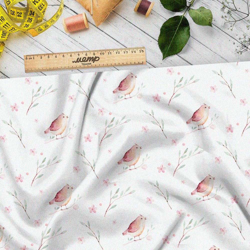 Ткань таффета акварельные птички и веточки