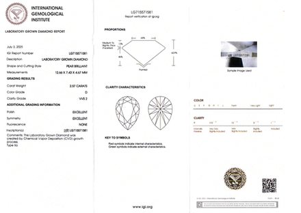 Лабораторно-выращенный бриллиант груша 12.66 х 7.43 х 4.67 мм D/VVS2 2.57 ct
