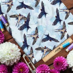 Ткань атлас акварельные ласточки в небе