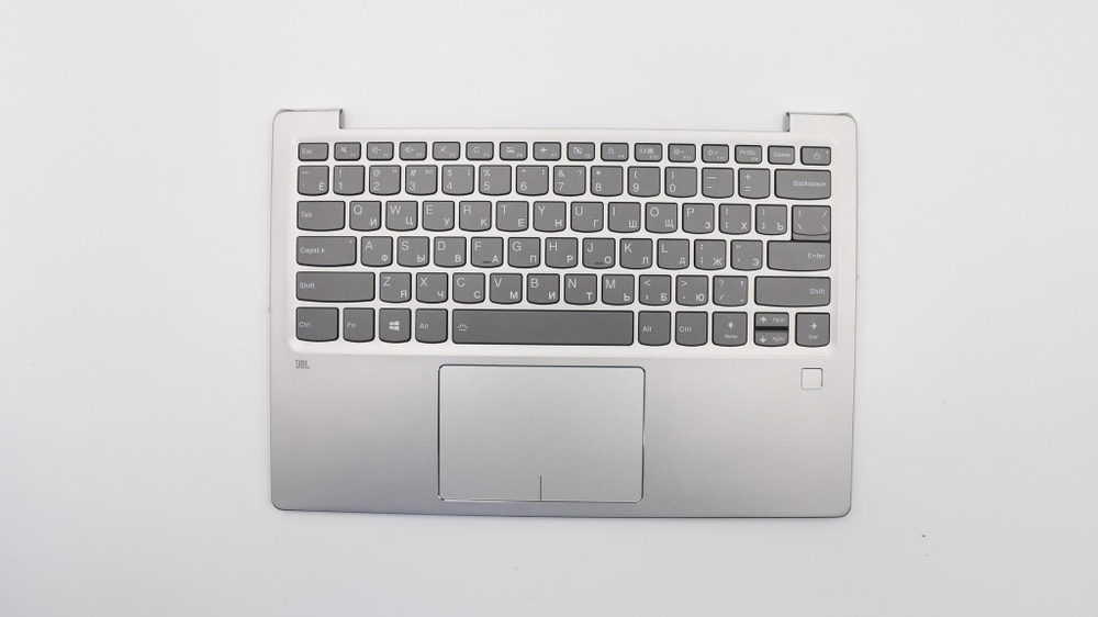 Верхняя панель с клавиатурой (топкейс) для ноутбука Lenovo 720s-13ARR FingerPrint, серая, с подсветкой, раскладка - русская (5CB0Q59398)