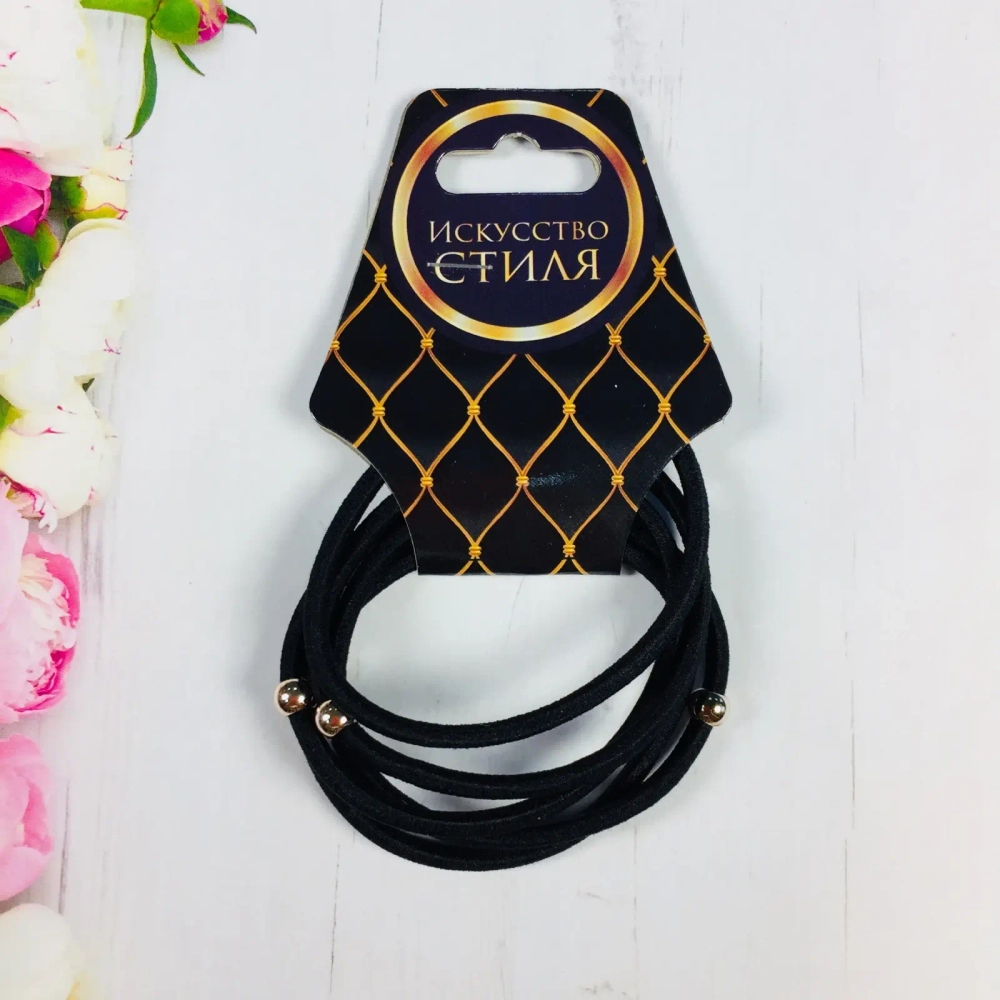 Резинки для волос 5шт «Кокетка», с бусинкой, цвет черный, d-6см●