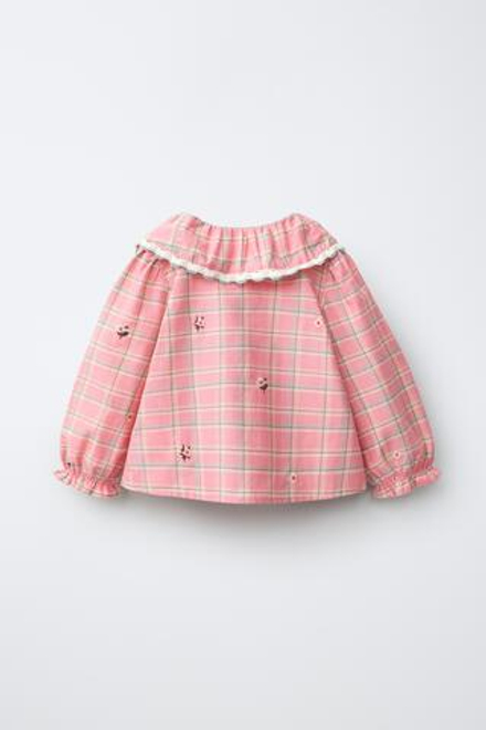 ZARA РУБАШКА В КЛЕТКУ С ВЫШИВКОЙ, РОЗОВЫЙ