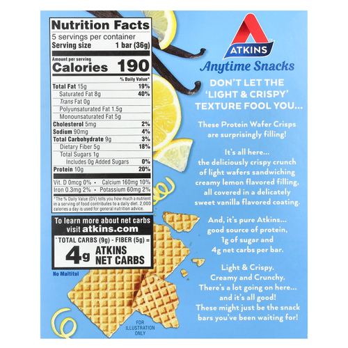 Atkins, Anytime Snacks, протеиновые вафли, лимонный крем, 5 батончиков, 36 г (1,27 унции)