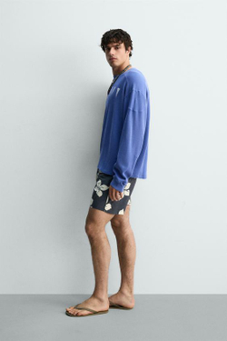 ZARA ФУТБОЛКА ВАФЕЛЬНОГО ПЕРЕПЛЕТЕНИЯ MIAMI, СИНИЙ
