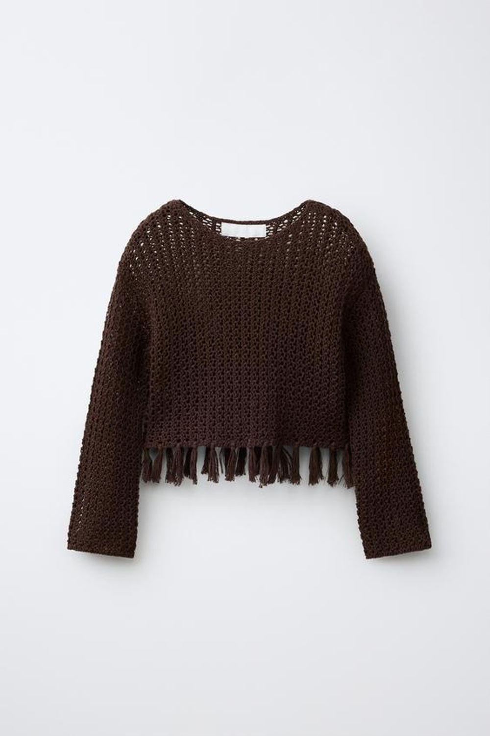 ZARA ТРИКОТАЖНЫЙ СВИТЕР С БАХРОМОЙ, КОРИЧНЕВЫЙ