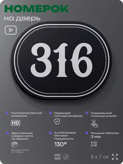 Номерок на дверь квартиры 316, для кабинета, офиса, шильдик 9 х 7 см, черный, Айдентика Технолоджи