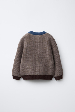ZARA СВИТЕР КРУПНОЙ ВЯЗКИ С КОНТРАСТНОЙ ОТДЕЛКОЙ, КОРИЧНЕВЫЙ