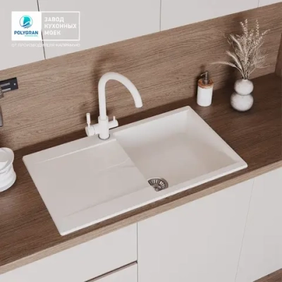 Мойка POLYGRAN GALS-860 белый хлопок №36, смеситель COLORADO белый №923 (туман)