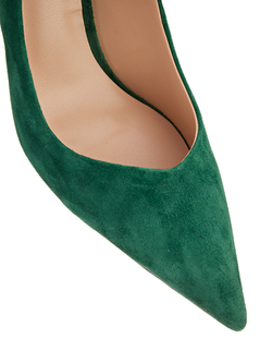 Женские туфли замшевые зеленые на каблуке со стразами