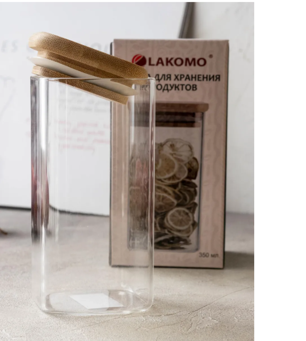 Банка для хранения дерев. крышка 350мл, h=12см, квадратная в п.у.