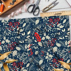 Ткань бифлекс рябина с заснеженными листьями