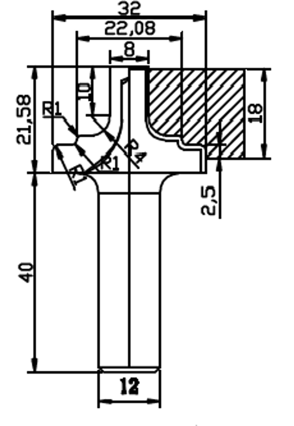 PCD профильная фреза D.32x12 21.58x40 Z2