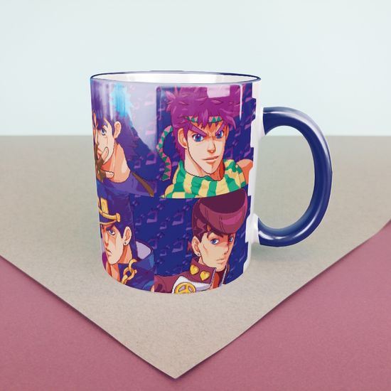 Кружка керамическая объем 330мл, "ДжоДжо" (синяя - белая внутри)