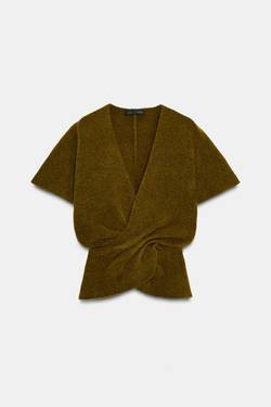 ZARA ДРАПИРОВАННЫЙ СВИТЕР С КОРОТКИМИ РУКАВАМИ, ПЫЛЬНЫЙ ХАКИ
