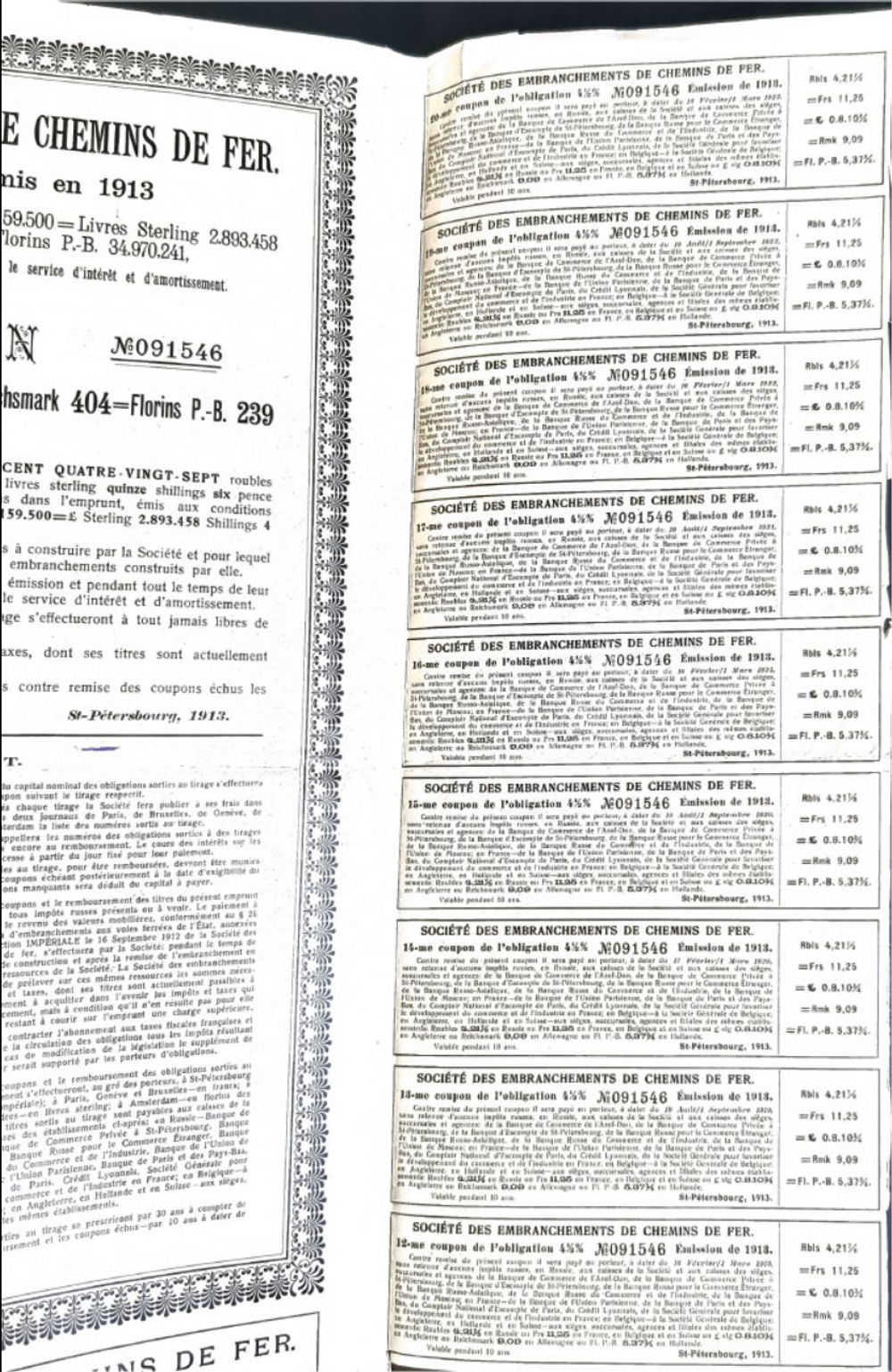 Общество Железнодорожных Ветвей. 4,5% облигация 187рублей 50 копеек 1913 г. Первый выпуск. № 091546. Санкт-Петербург.Уполномоченный Лебединский. Типография ЭЗГБ. Неполный купонный лист