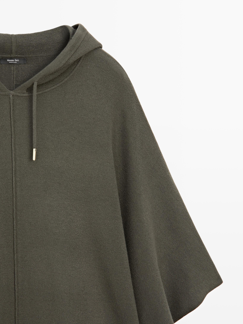 Massimo Dutti Длинная вязаная накидка с регулируемым капюшоном, серовато-зеленый