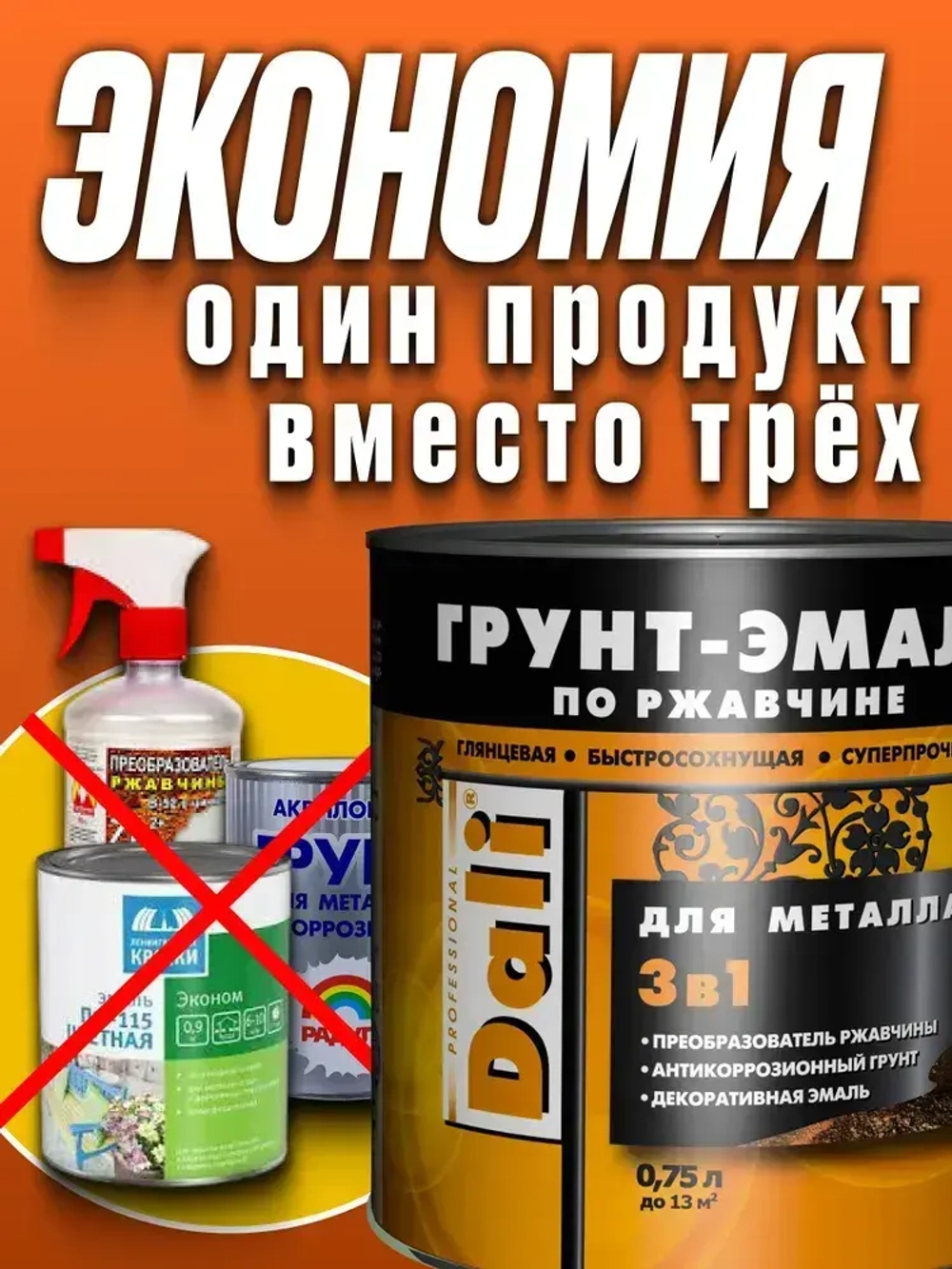 Грунт-эмаль краска по ржавчине 3в1 DALI Черный RAL 9005 2л