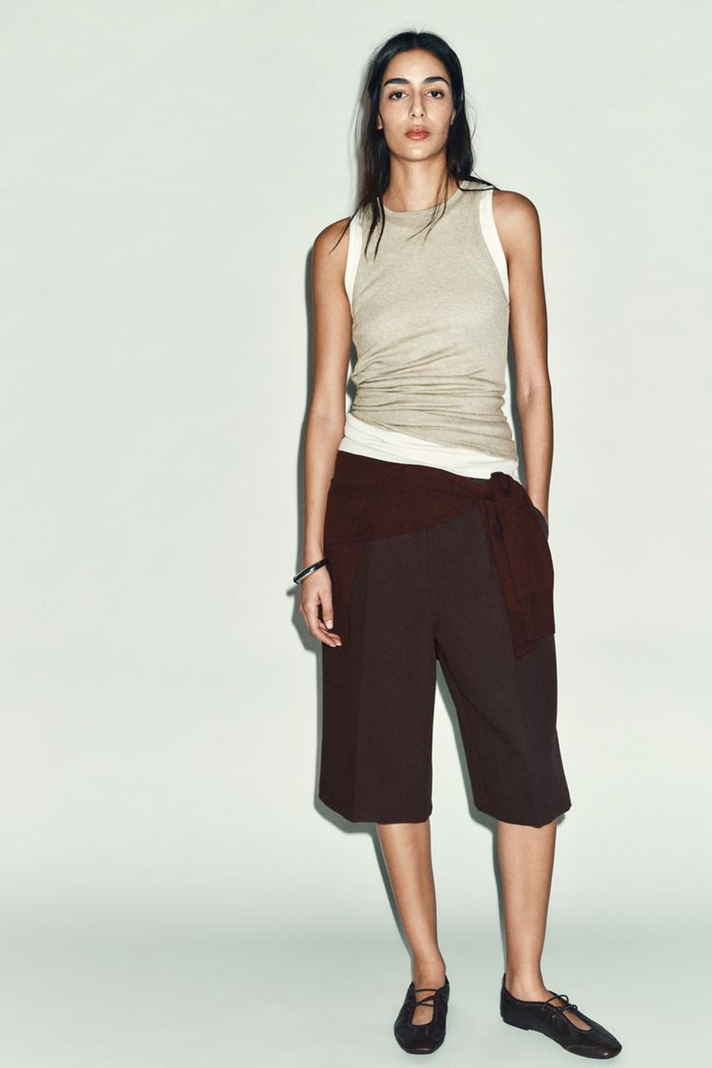 ZARA ТОП В СТИЛЕ РУСТИК С ДВОЙНЫМ ЭФФЕКТОМ, БЕЛЫЙ/ЗЕЛЕНЫЙ