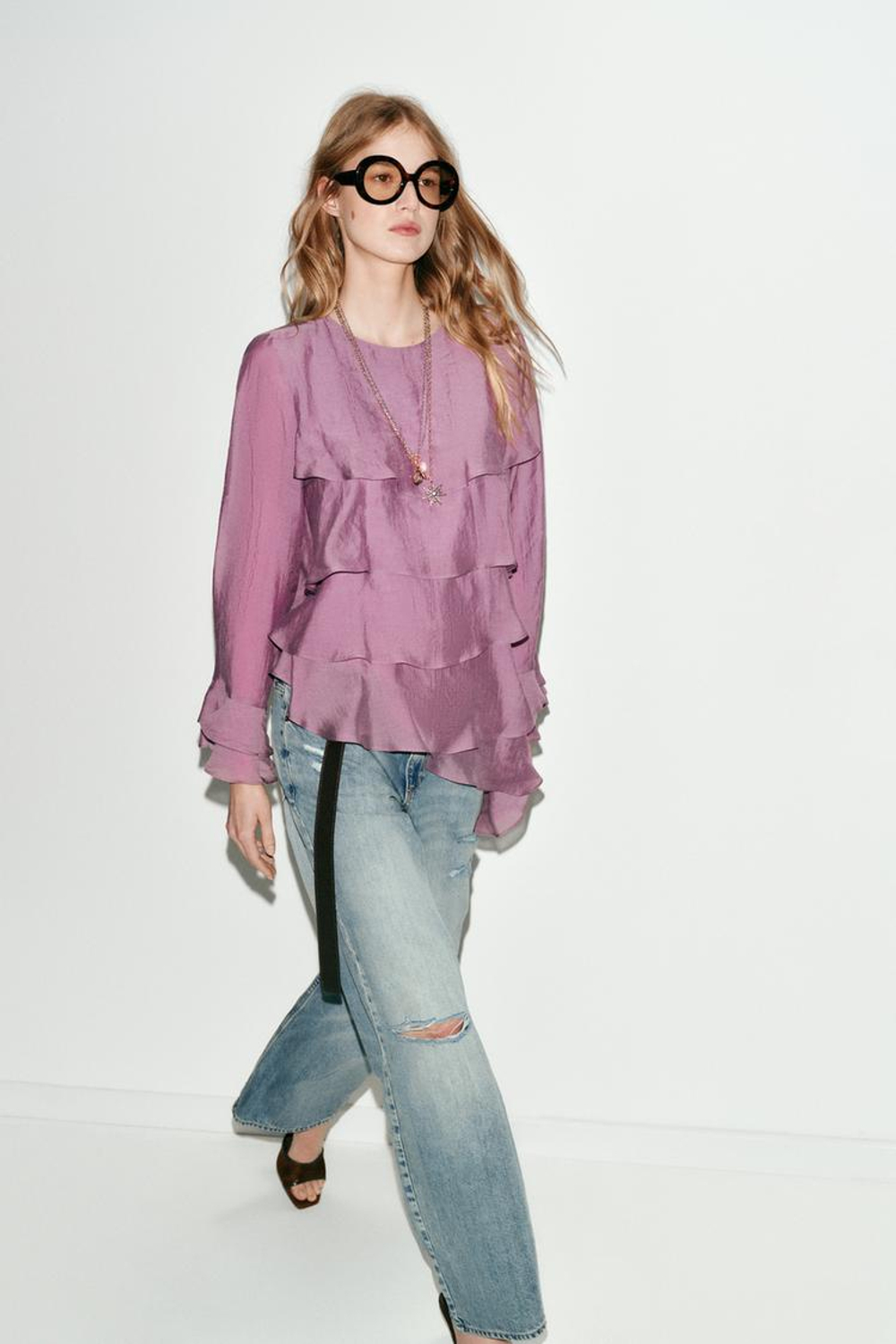 ZARA АСИММЕТРИЧНЫЙ ТОП С ВОЛАНАМИ, ЦВЕТ МАЛЬВЫ