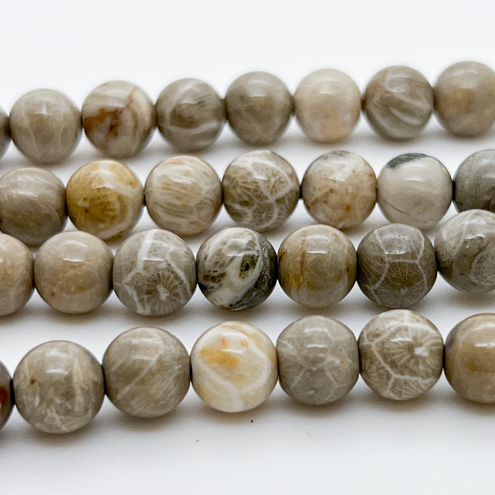 Коралл окаменелый, размер 7,4*7,8 мм, цена за 12 шт (1/4 нити)