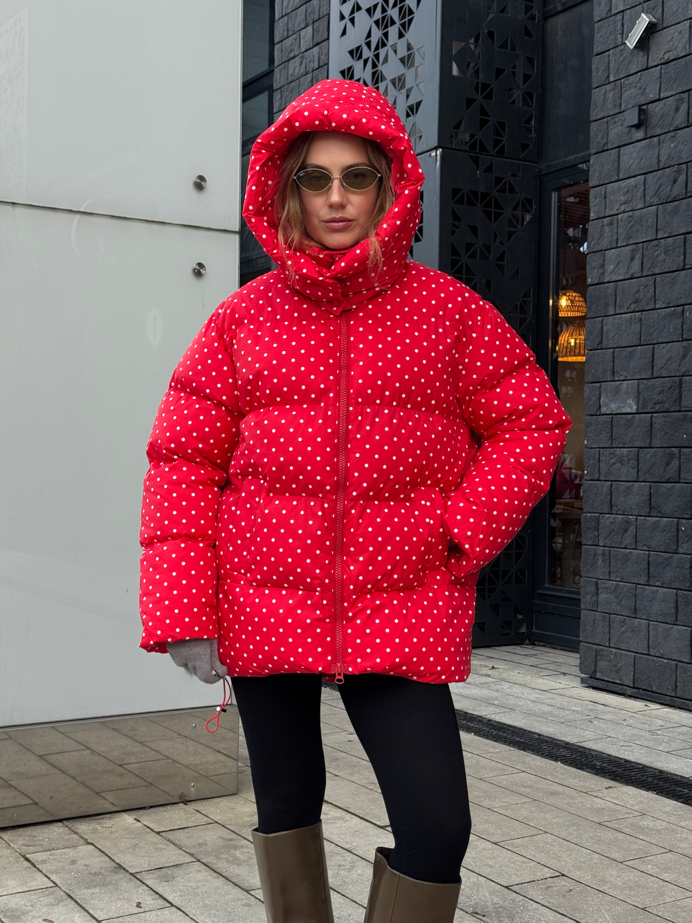 Пуховик Рокет миди красный в горох