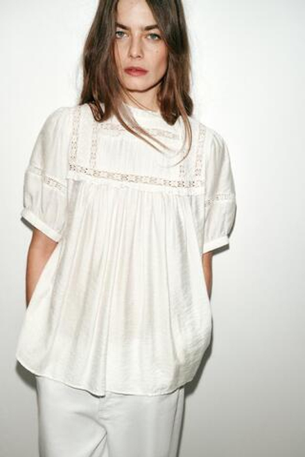 ZARA БЛУЗА В РОМАНТИЧЕСКОМ СТИЛЕ С РУКАВАМИ-БУФАМИ, БЕЛЫЙ