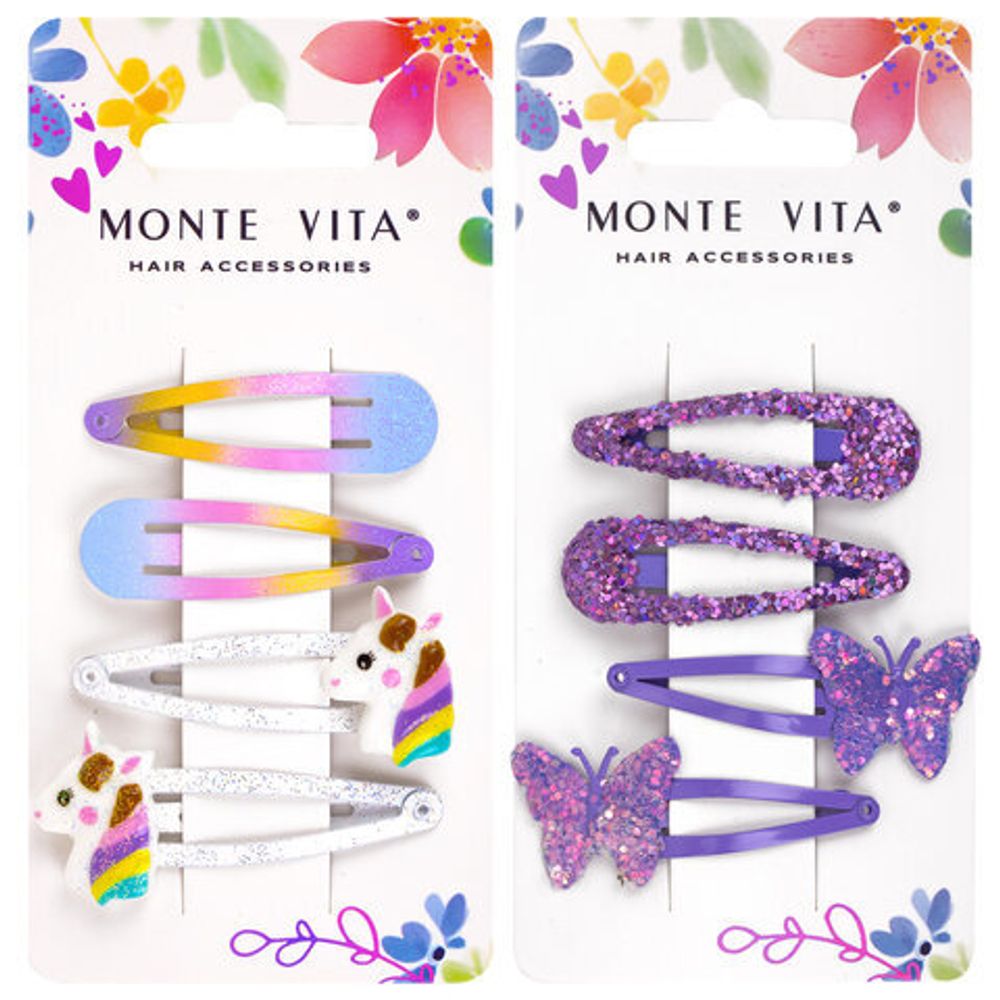 Заколки для волос НАБОР 4 шт., 5 см, клик-клак, с декоративными элементами, АССОРТИ, MONTE VITA, 457090