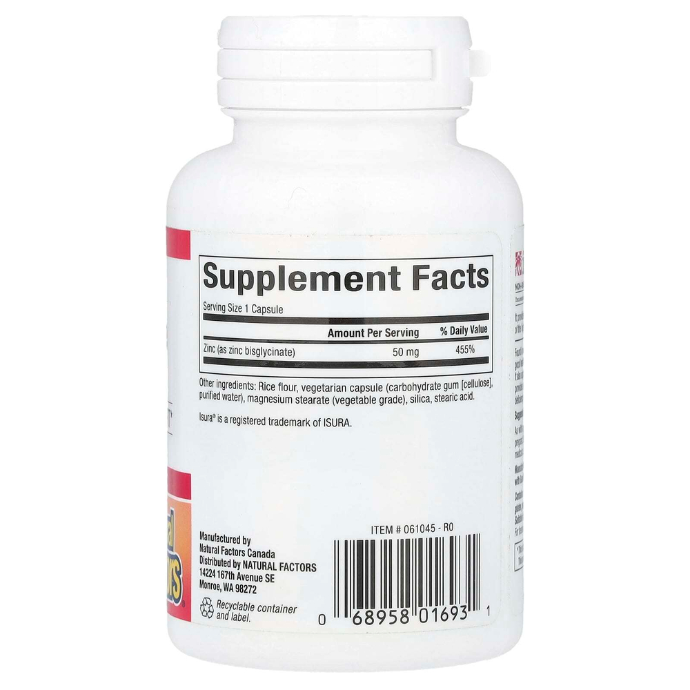 Natural Factors, Бисглицинат цинка, 50 мг, 60 вегетарианских капсул