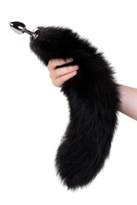 Серебристая анальная втулка с черным лисьим хвостом (Цвет: черный)