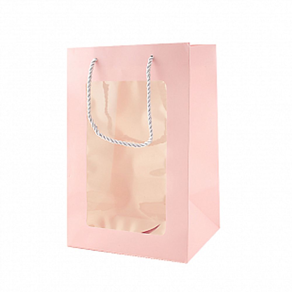 Пакет подарочный M вертикальный с окном, &quot;Для цветов&quot;, Розовый, 20*30*16 см (Д*В*Ш)