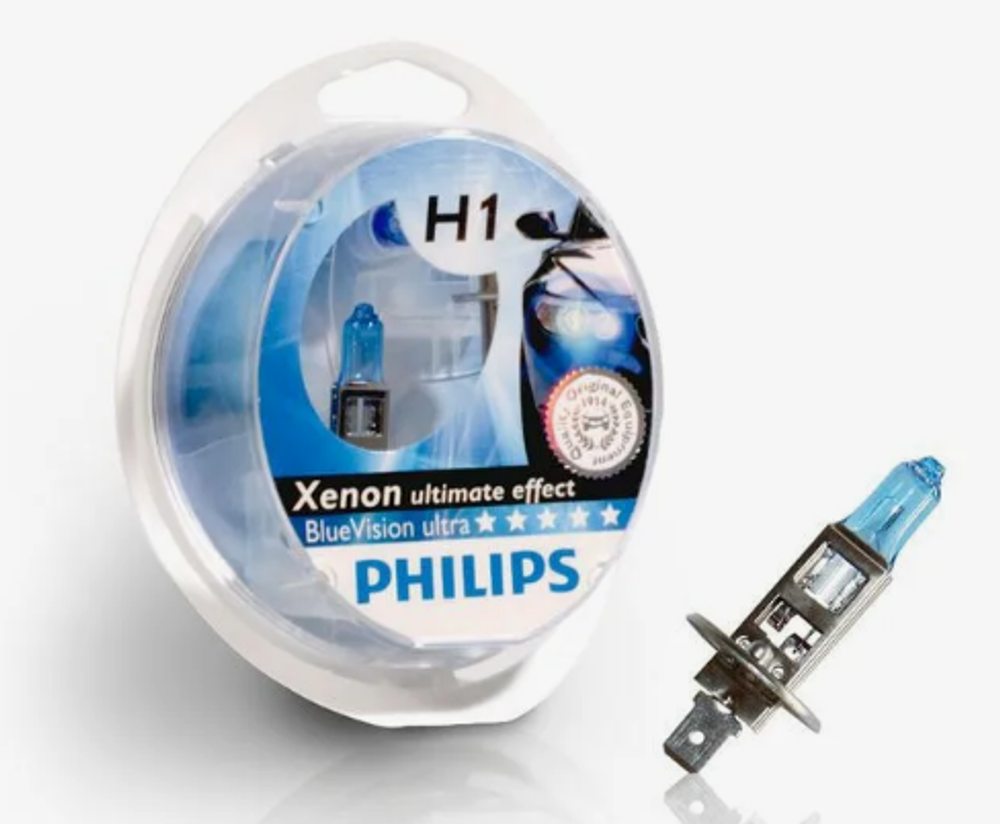 Автолампа H1 12V 55W Philips BLUE Vision Ultra (P14,5s) (кт2шт) (белый яркий свет-голуб.оттен.)