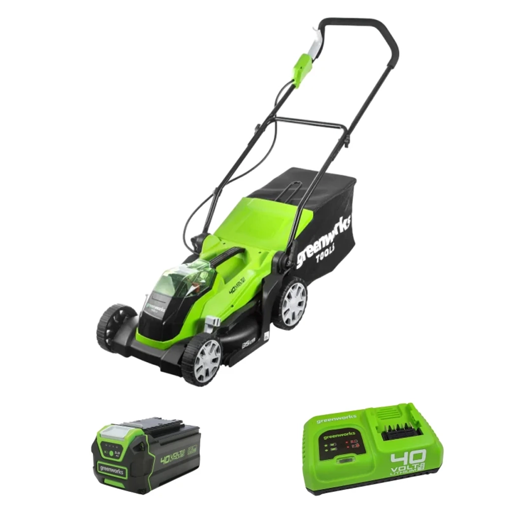 Аккумуляторная газонокосилка Greenworks G40LM35K5 40В (1 x 5 Ач, Быстрое ЗУ) нож 35 см, 2501907U5F