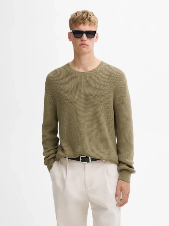 Massimo Dutti Свитер из хлопка букле с круглым вырезом, хаки
