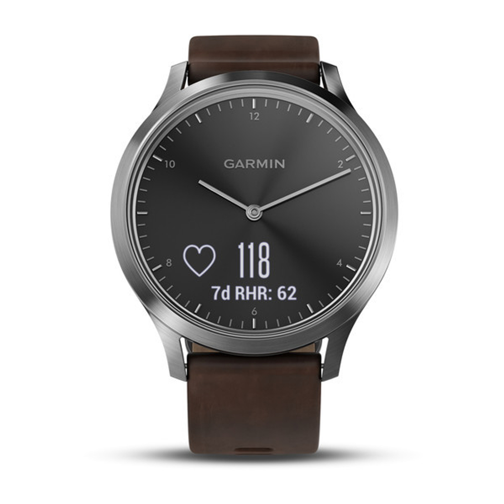 Часы Garmin Vivomove HR Premium, серебряные с темно-коричневым кожаным ремешком (010-01850-24)
