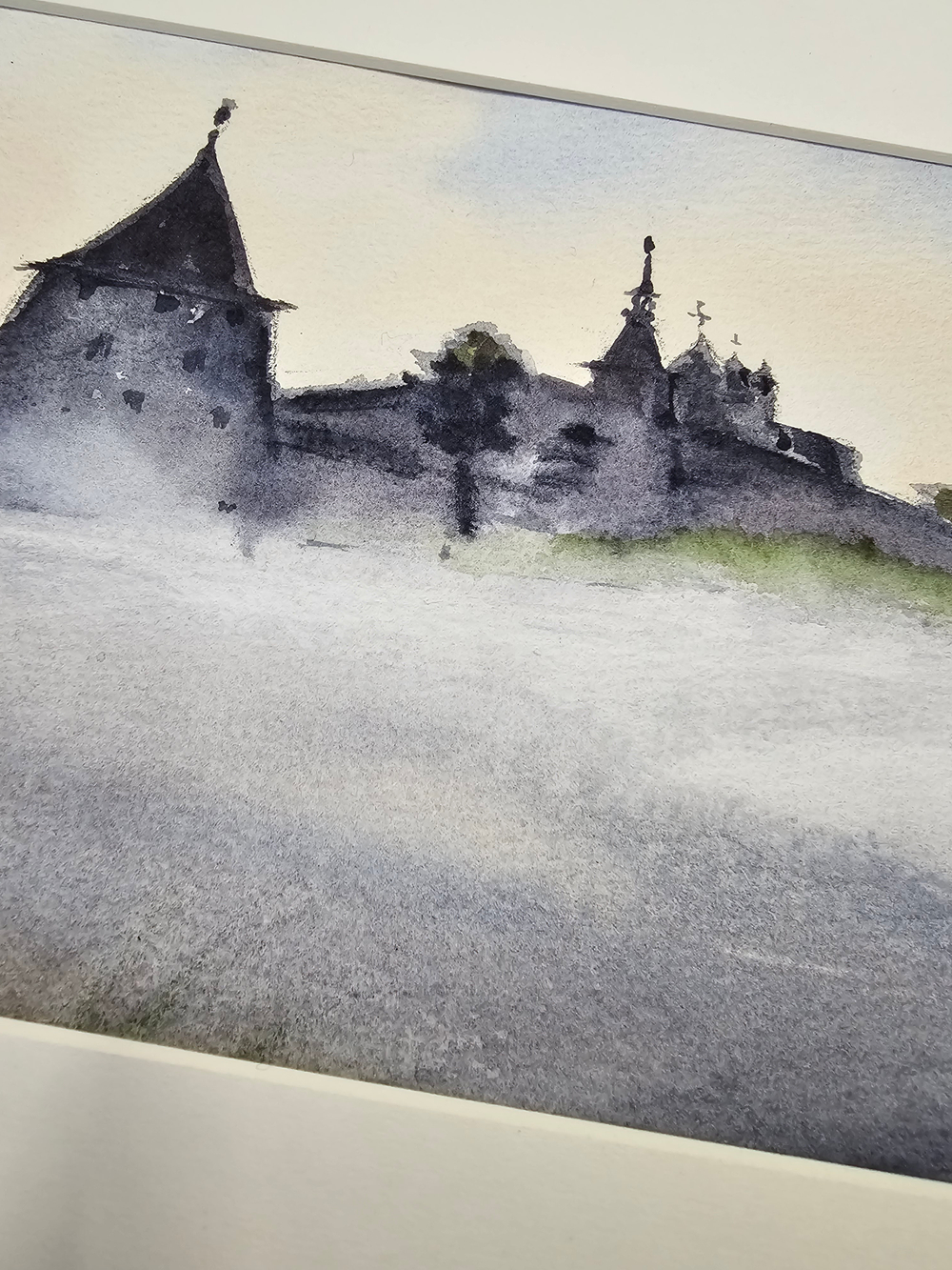 Картина авторская акварельная в раме 20х50 см на стену для интерьера "Туман на Великой"