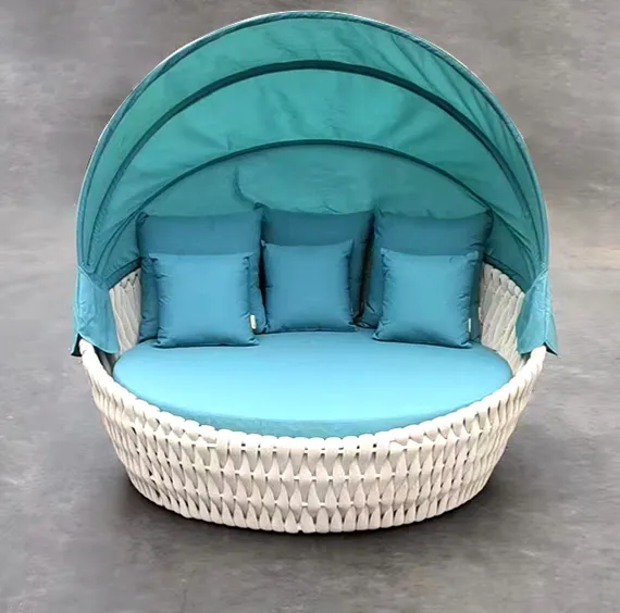 Круглый лаунж-диван со складным навесом Samui, бежевый/бирюзовый