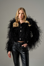 Жакет мини из крепа с перьями на груди и рукавах, черный