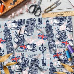 Ткань штапель корона, чай, биг-бен и великобританский флаг