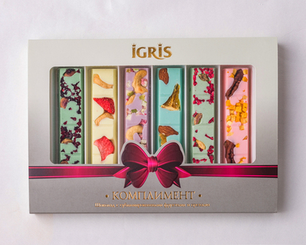 КОМПЛИМЕНТ.Белый шоколад с сублимированными фруктами и орехами (GREY) 215 грамм