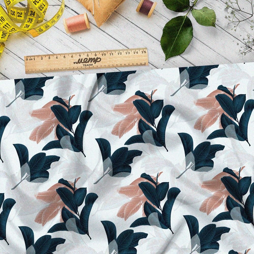 Ткань бифлекс листья тёмно-серые и пудровые