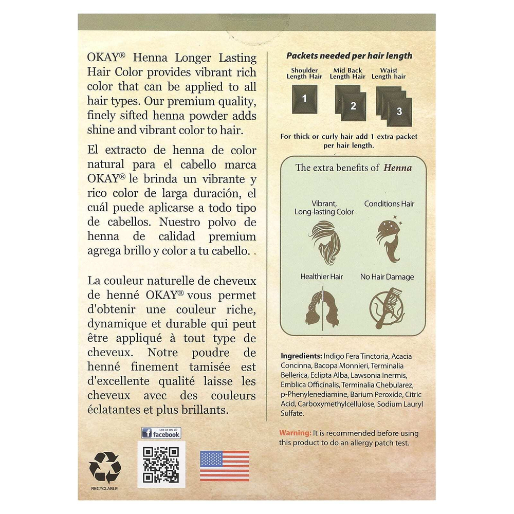 Okay Pure Naturals, Хна, стойкая краска для волос, коричневый, 56,7 г (2 унции)