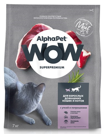 Сухой корм ALPHAPET WOW SUPERPREMIUM для взрослых домашних кошек и котов с уткой и потрошками 7 кг